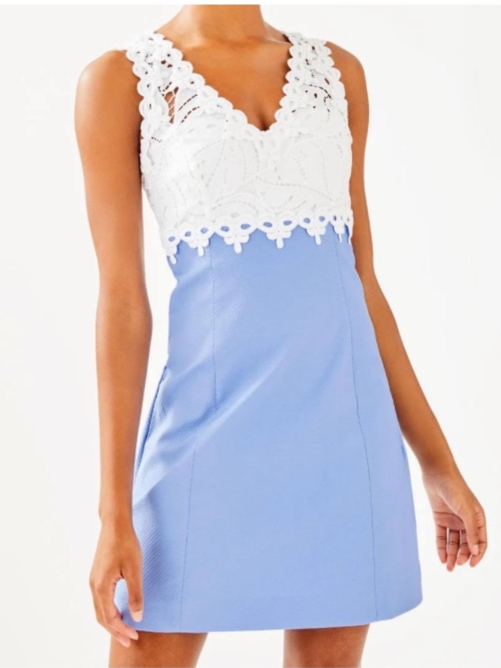 Lilly Pulitzer Sandi Stretch Shift Dress White Lace Blue Pique Womens 8 Preppy